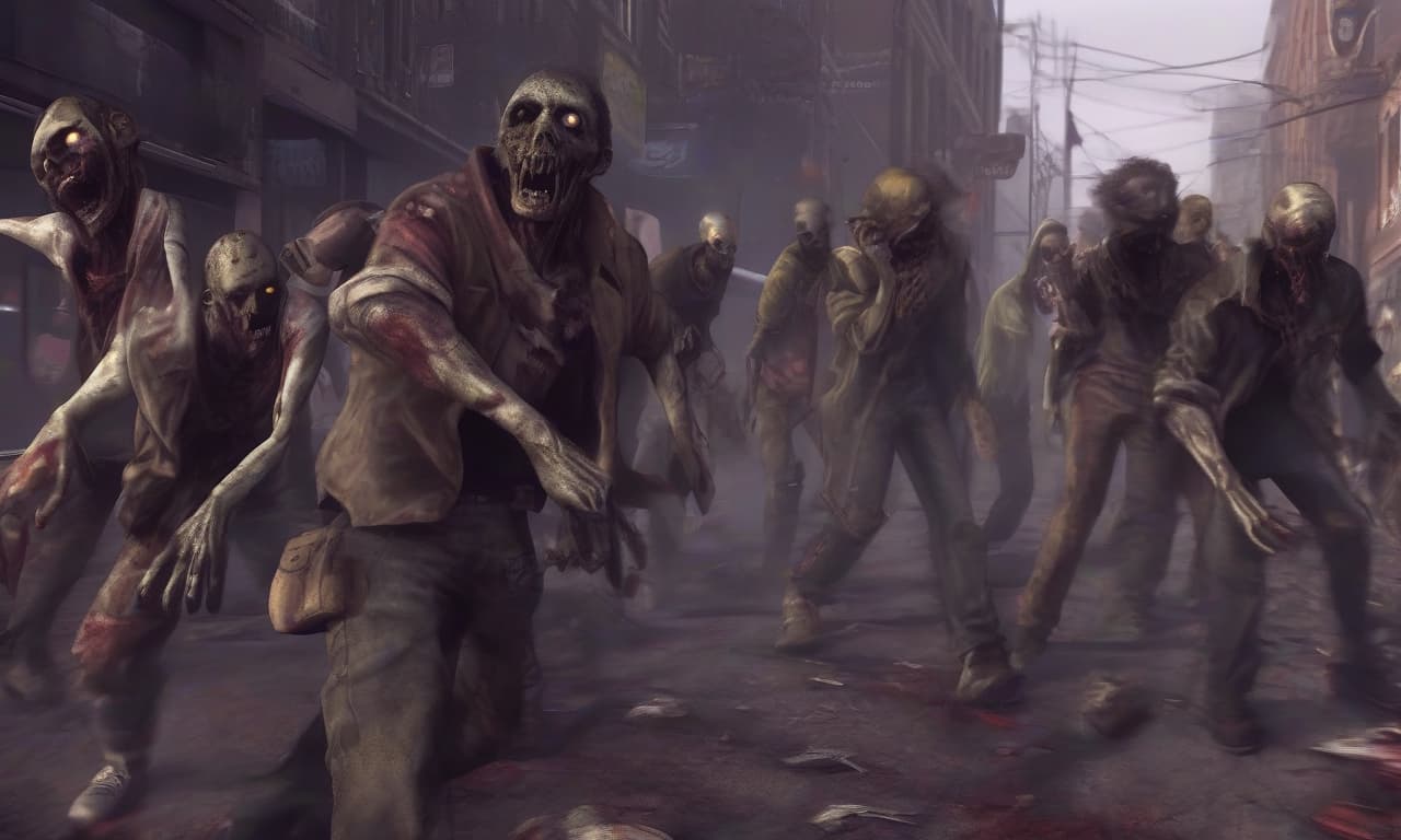  image view: cover for youtube object: zombie description of appearance: zombie: several zombies in different poses, with ruined clothes and mutilated skin. they may have traces of survival. additional elements: background: a ruined cityscape or an abandoned building creating a post apocalypse atmosphere. include elements such as collapsed walls, broken windows and vegetation sprouting through the asphalt. environment elements: scattered items such as backpacks, weapons, traces of struggle, and fog or smoke to create a grim atmosphere. additional zombies: different types of zombies (for example, one can be full length, the other crawls on the ground, the third stands in the shade). place: an abandoned city or forest area that creates a s