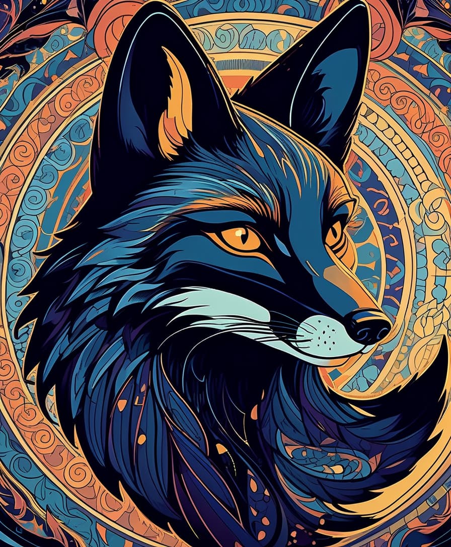  cinematic film still light, centered, colorful, modern illustration of a black fox with wild swirling . portrait, fibonacci sequence, tessellation, art nouveau, heavy outline comic book . shallow depth of field, vignette, highly detailed, high budget, bokeh, cinemascope, moody, epic, gorgeous, film grain, grainy