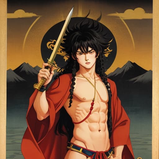  Fudo Myoo wearing vestments with bare chest, lower half of body covered, long hair with permed head, sword in right hand Male, retro.