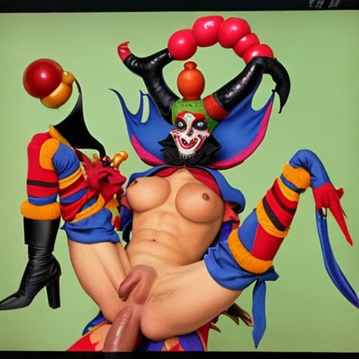  an evil jester with a huge penis, 70's porn style