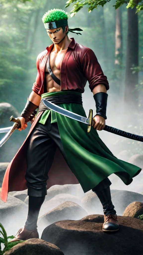  anime art: zoro from one piece wields the infamous cursed katana, sandai kitetsu, known for its deadly curse. hyperrealistic, full body, detailed clothing, highly detailed, cinematic lighting, stunningly beautiful, intricate, sharp focus, f/1. 8, 85mm, (centered image composition), (professionally color graded), ((bright soft diffused light)), volumetric fog, trending on instagram, trending on tumblr, HDR 4K, 8K