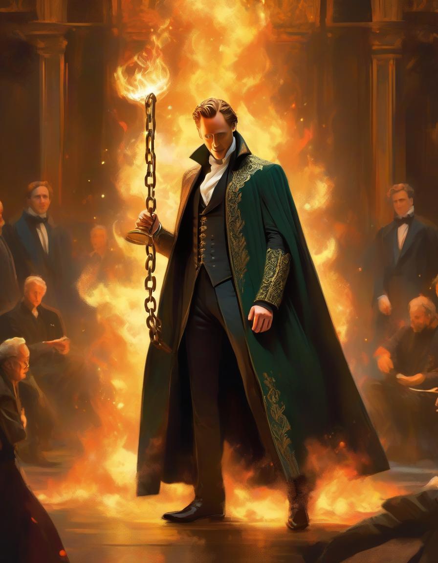  concept art full length image. tom hiddleston is a magician holding a chain of fire. . digital artwork, illustrative, painterly, matte painting, highly detailed, hkmagic