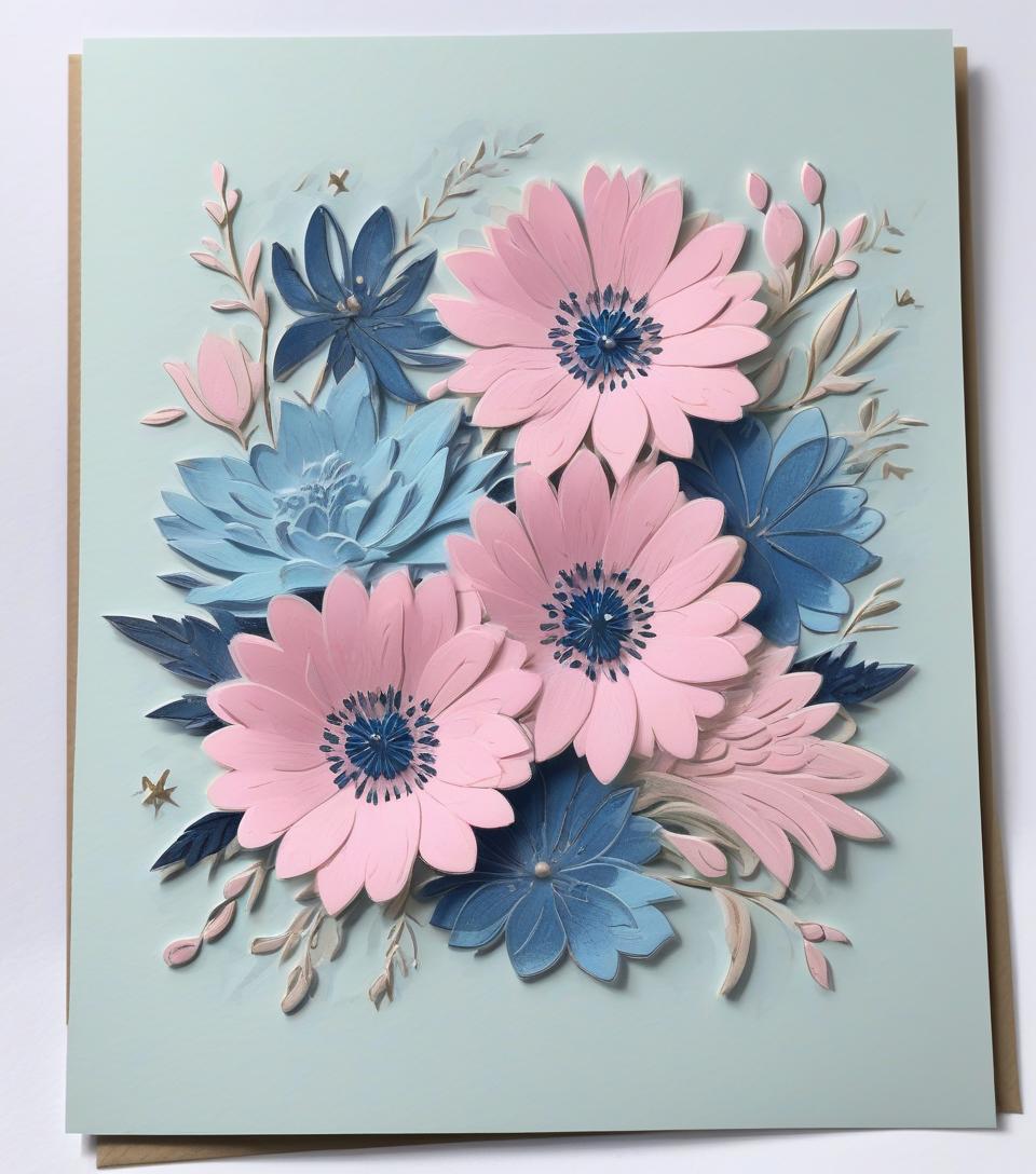  valentine's day card, pink and blue flowers