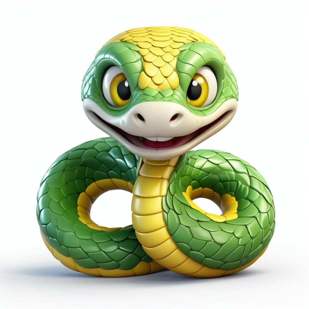  sweet kind cartoon character in the form of a curled snake dark green with detailed scaly skin, 3d in full growth on a white background in a santa cap