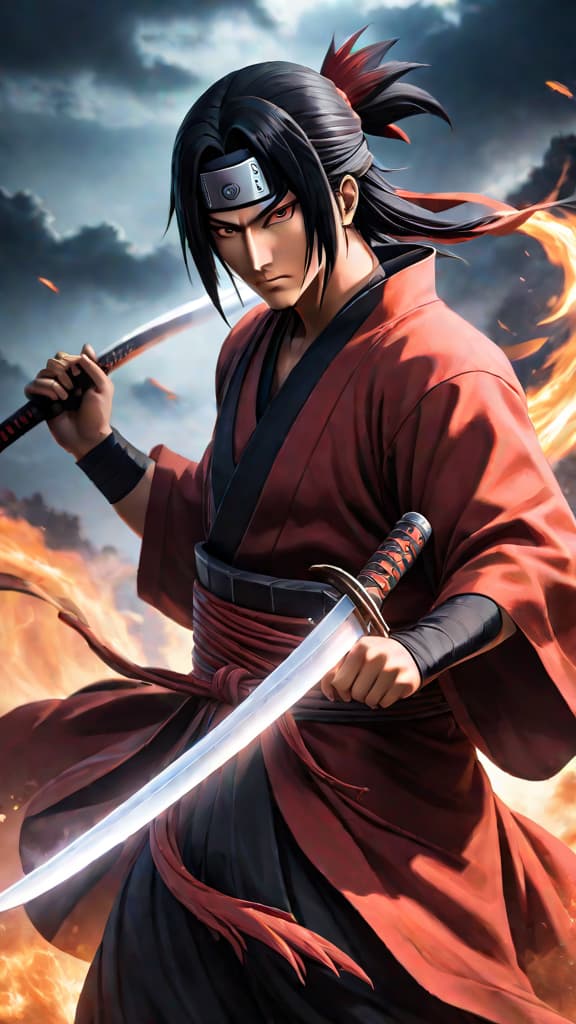  anime art: enhanced itachi uchiha wielding susanoo with totsuka blade, shifting shinobi world's power balance. hyperrealistic, full body, detailed clothing, highly detailed, cinematic lighting, stunningly beautiful, intricate, sharp focus, f/1. 8, 85mm, (centered image composition), (professionally color graded), ((bright soft diffused light)), volumetric fog, trending on instagram, trending on tumblr, HDR 4K, 8K