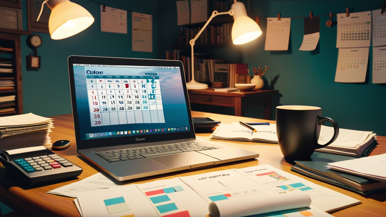  a cluttered workspace with a laptop, camera, and scattered invoices, dimly lit by an overhead light, reflecting the stress of freelance photography. a coffee cup sits beside a calendar filled with missed deadlines. hyperrealistic, full body, detailed clothing, highly detailed, cinematic lighting, stunningly beautiful, intricate, sharp focus, f/1. 8, 85mm, (centered image composition), (professionally color graded), ((bright soft diffused light)), volumetric fog, trending on instagram, trending on tumblr, HDR 4K, 8K