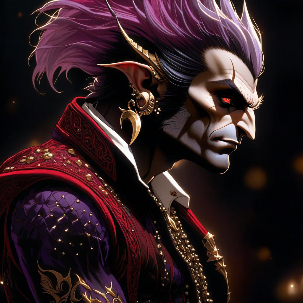  breathtaking dark elf male rock performer marble white skin, purple scarlet hair, lavender eyes with a red tint, dressed in a red violet shirt embroidered with red gold over the shirt wears , hairstyle in the style of hedgehog hair. an earring in ear, in the shape of a month. the crescent moon tattoo . award winning, professional, highly detailed hyperrealistic, full body, detailed clothing, highly detailed, cinematic lighting, stunningly beautiful, intricate, sharp focus, f/1. 8, 85mm, (centered image composition), (professionally color graded), ((bright soft diffused light)), volumetric fog, trending on instagram, trending on tumblr, HDR 4K, 8K