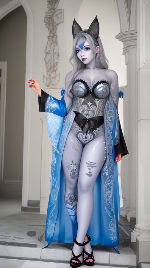  silver and blue bat pattern body paint in every corner of the body, Grey body paint all over the body, grey face paint on the face, Two dark elfs, full body image 女性