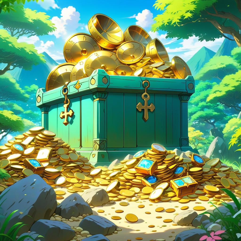  anime artwork landscape. a pile of treasure near, in the treasury . anime style, key visual, vibrant, studio anime, highly detailed