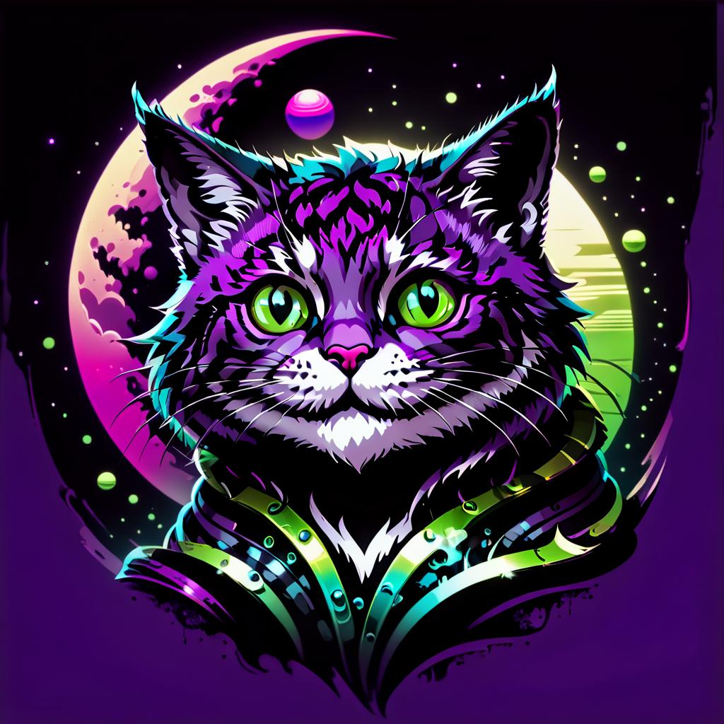  neonpunk style the cheshire cat smiles broadly and sits on a branch, purple black purple green colors, space, moon and planets in the background . cyberpunk, vaporwave, neon, vibes, vibrant, stunningly beautiful, crisp, detailed, sleek, ultramodern, magenta highlights, dark purple shadows, high contrast, cinematic, ultra detailed, intricate, professional, t shirt design