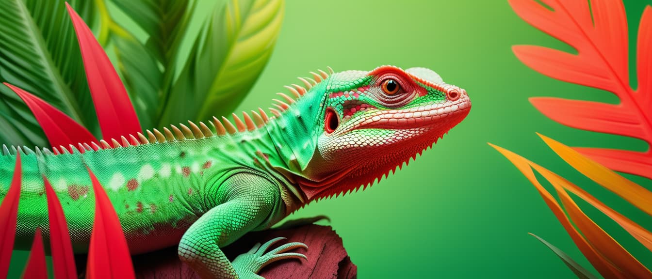  Cute HD Lizard on Vibrant Green and Red Background with Tropical Leaves,
