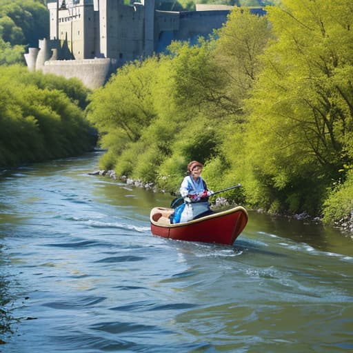  a river round a castle,a play water with her dog ，