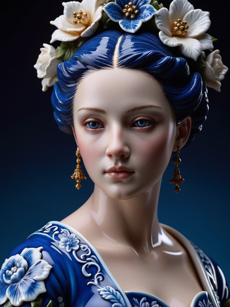  Close-up porcelain female figurine, looking to the camera, glossy surface, glaze, shiny, blue floral tattoos on her, dark gradient background, baroque dark style, hyperrealistic, CG society, intricate details