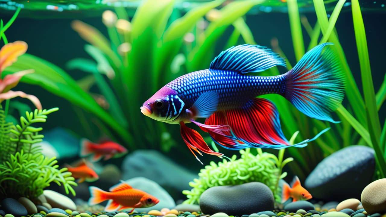  a vibrant aquarium scene featuring colorful betta fish swimming among lush green plants, smooth pebbles, and a gentle filter, with soft lighting highlighting the serene environment and showcasing ease of fishkeeping. hyperrealistic, full body, detailed clothing, highly detailed, cinematic lighting, stunningly beautiful, intricate, sharp focus, f/1. 8, 85mm, (centered image composition), (professionally color graded), ((bright soft diffused light)), volumetric fog, trending on instagram, trending on tumblr, HDR 4K, 8K