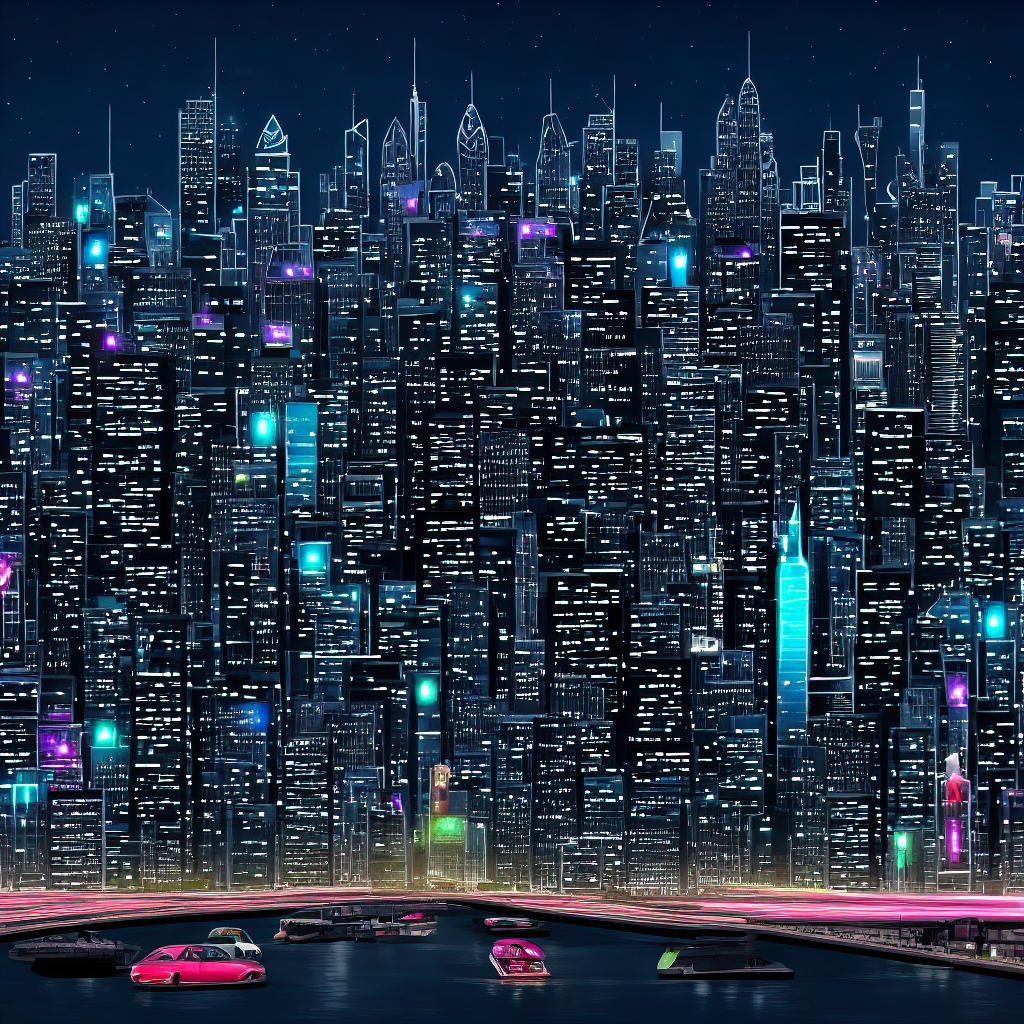  create an image of a futuristic city at night, with tall skyscrapers, neon signs, flying cars, and people walking along the illuminated streets