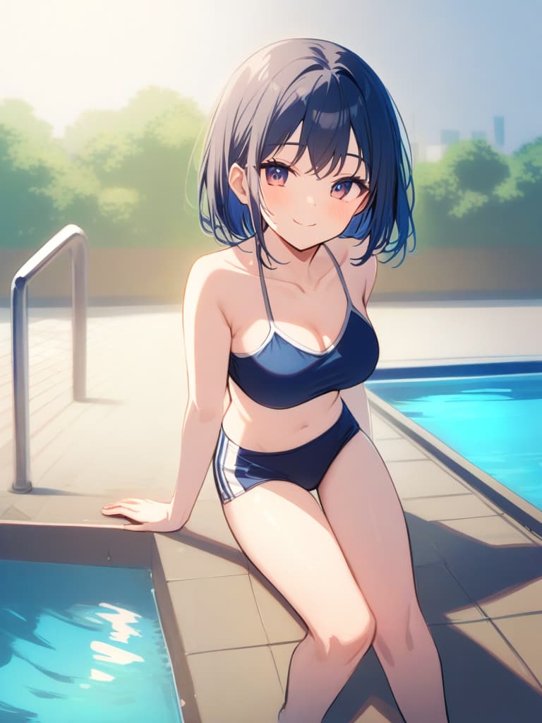  s, s, short stages, old swimwear (dark blue old ), shaped clear (), , swimwear, cute smile , short hair, pool, pool,