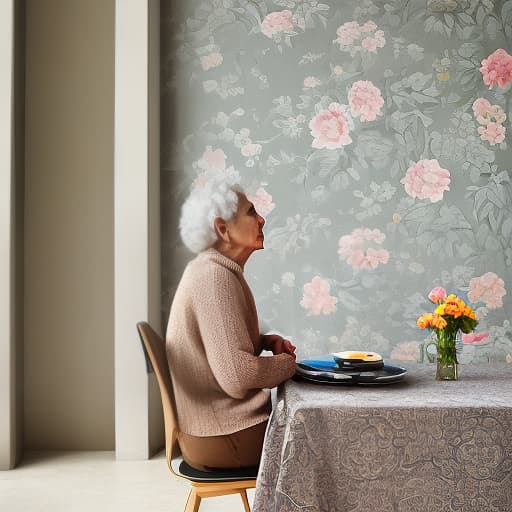 dvarchmodern a mature woman with frizzy gray hair sits at a table covered with a floral tablecloth. she is wearing a dark, knitted sweater and appears to be lost in thought with her eyes closed. in front of her is a large, vintage bowl. the background features soft blue curtains that gently diffuse the light, creating a calm and serene atmosphere. the walls have a subtle pattern of muted colors and floral designs. the scene conveys a sense of tranquility and introspection.