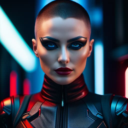  ultra realistic close up portrait ((beautiful pale cyberpunk female with heavy black eyeliner)), blue eyes, shaved side haircut, hyper detail, cinematic lighting, magic neon, dark red city, canon eos r3, nikon, f/1.4, iso 200, 1/160s, 8k, raw, unedited, symmetrical balance, in frame, 8k hyperrealistic, full body, detailed clothing, highly detailed, cinematic lighting, stunningly beautiful, intricate, sharp focus, f/1. 8, 85mm, (centered image composition), (professionally color graded), ((bright soft diffused light)), volumetric fog, trending on instagram, trending on tumblr, HDR 4K, 8K