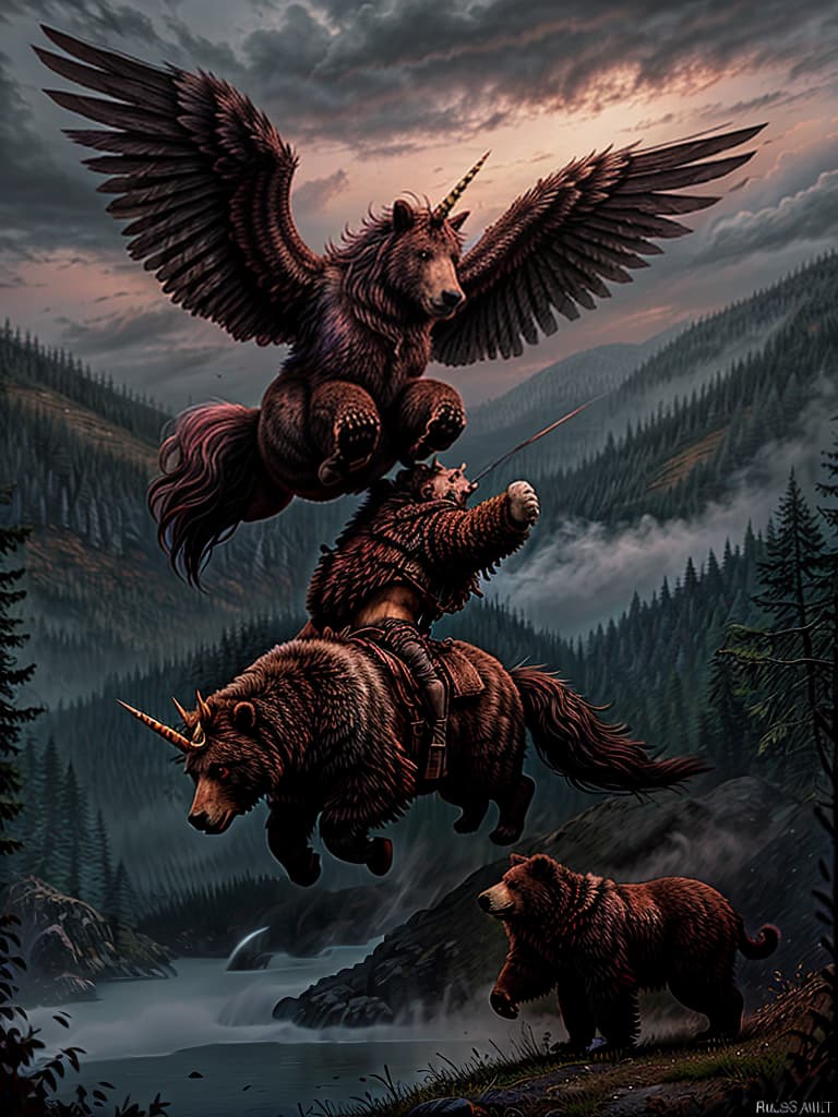  Create me a picture that is a realistic style showing a fierce, proud, strong unicorn with wings flying through the air with a long haired bear riding on its back and the bear's long fur flowing in the wind., bloodstainai, horror, fear
