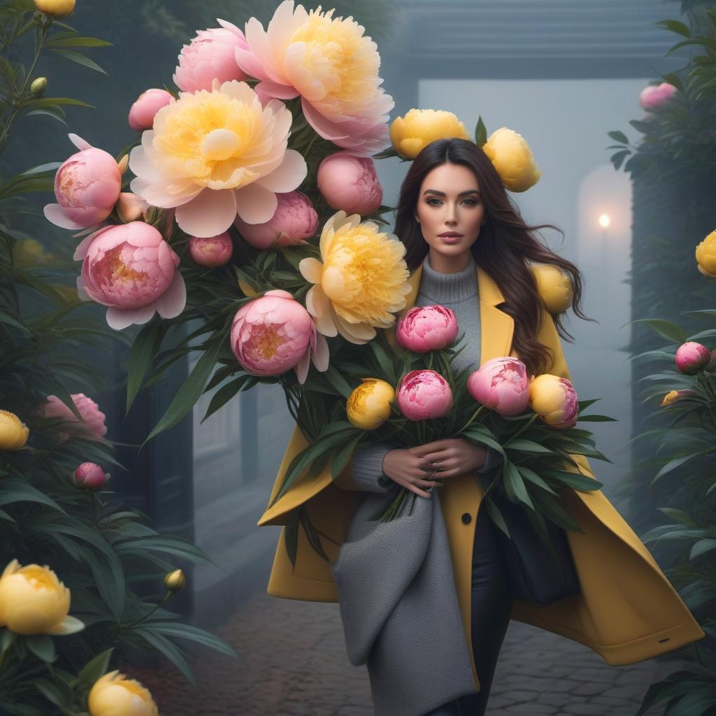  A brunette in a yellow coat with a bouquet of peonies hyperrealistic, full body, detailed clothing, highly detailed, cinematic lighting, stunningly beautiful, intricate, sharp focus, f/1. 8, 85mm, (centered image composition), (professionally color graded), ((bright soft diffused light)), volumetric fog, trending on instagram, trending on tumblr, HDR 4K, 8K