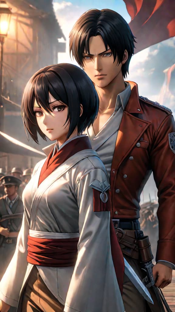  anime art: mikasa and levi's awakening power reveals a twisted loyalty and freedom dynamic. hyperrealistic, full body, detailed clothing, highly detailed, cinematic lighting, stunningly beautiful, intricate, sharp focus, f/1. 8, 85mm, (centered image composition), (professionally color graded), ((bright soft diffused light)), volumetric fog, trending on instagram, trending on tumblr, HDR 4K, 8K