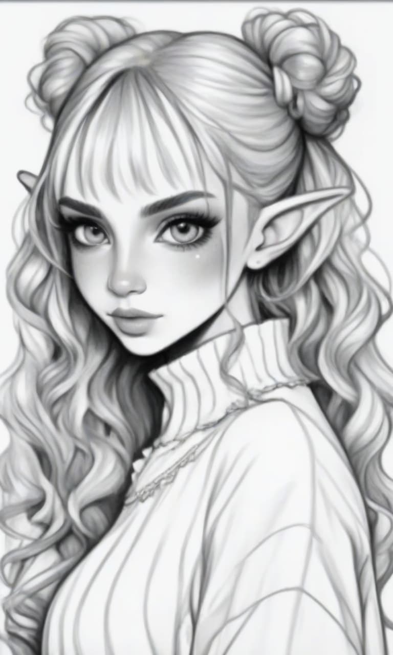  create a black and white coloring of the girl elf to the waist without a background