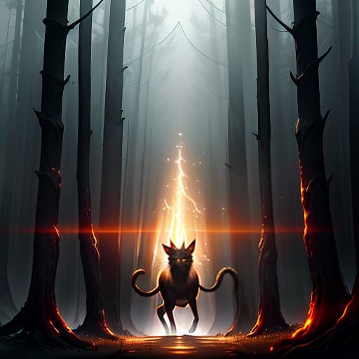  A magical cat leads through the darkness around a dark forest. <! The original prompt in Russian: "Волшебный кот ведет в темноте, вокруг темный лес" is translated into English while maintaining punctuation as "A magical cat leads through the darkness, around a dark forest." >, dark , creepy , blood , monsters , by Jason Engle , Carlos Huante , Charlie Bowater , Simon Lee , Brom hyperrealistic, full body, detailed clothing, highly detailed, cinematic lighting, stunningly beautiful, intricate, sharp focus, f/1. 8, 85mm, (centered image composition), (professionally color graded), ((bright soft diffused light)), volumetric fog, trending on instagram, trending on tumblr, HDR 4K, 8K