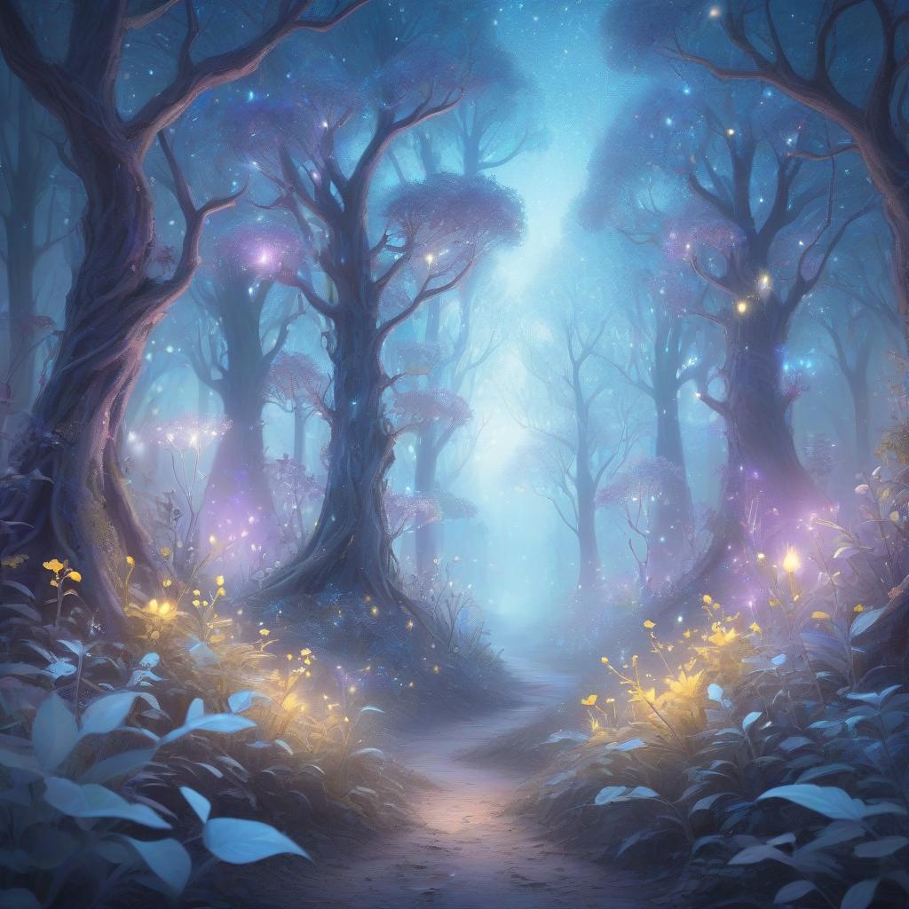  ethereal fantasy concept art of a mysterious magical forest full of lights and magical plants, dawn evening time, the main colors are pastel blue, purple and a little yellow . magnificent, celestial, ethereal, painterly, epic, majestic, magical, fantasy art, cover art, dreamy