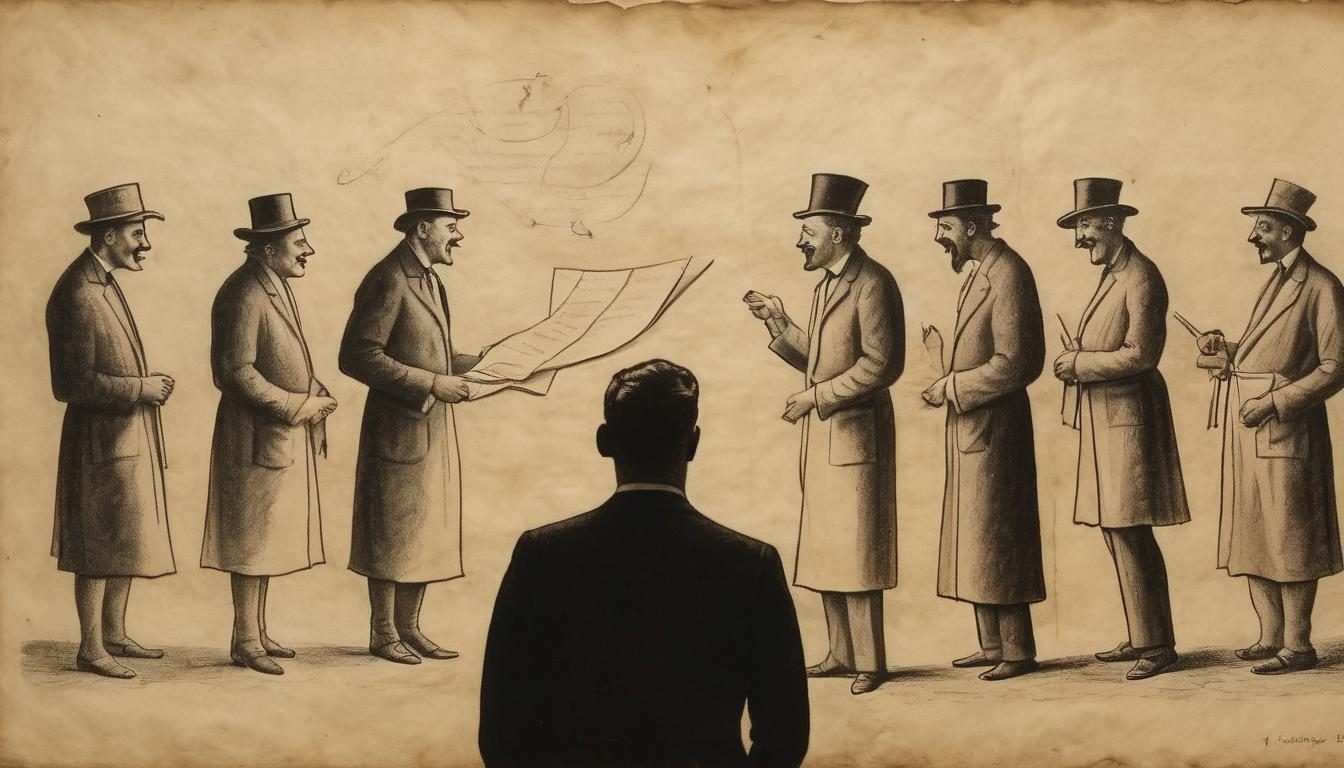  on parchment, surrealism++, group of people laughing, one individual standing apart with thoughtful expression, dim light casting shadows, separation, skepticism(mysterious, provocative, symbolic)++