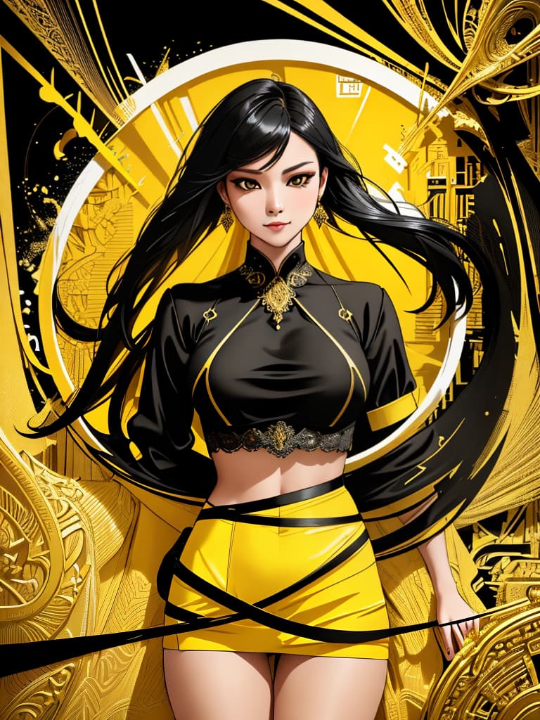  Golden yellow and sleek black color palette, captivating and inviting expression, exuding elegance and charm, magnetic beauty, intricate details, high contrast, luxurious feel, digital art, female, glossy finish, striking composition, dynamic lighting to enhance features.