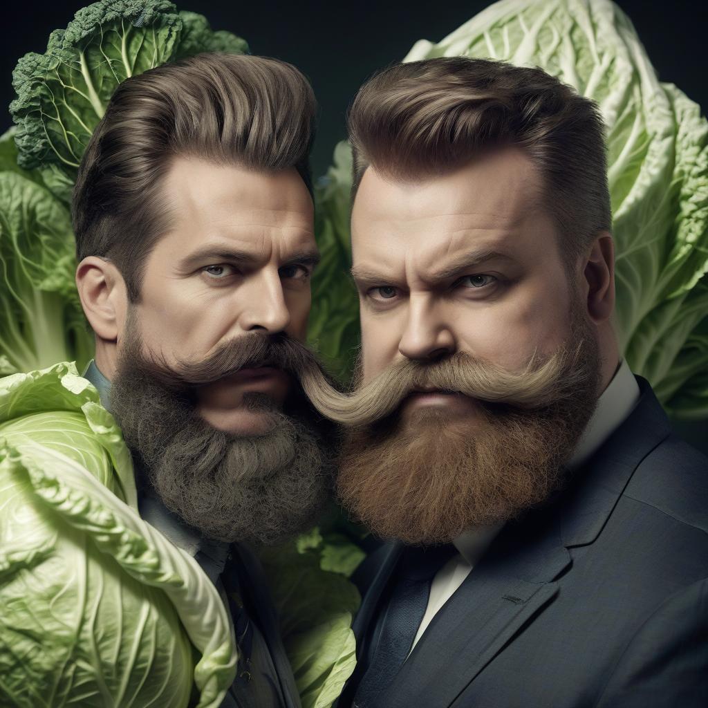  a man with a big mustache and a man with a big beard have joined forces and are fighting together against the cabbage king