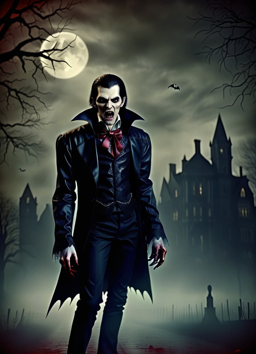  horror themed make him a vampire . eerie, unsettling, dark, spooky, suspenseful, grim, highly detailed