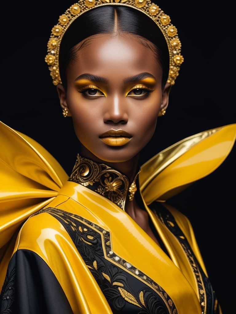  Golden yellow and sleek black color palette, captivating and inviting expression, exuding elegance and charm, magnetic beauty, intricate details, high contrast, luxurious feel, digital art, female, glossy finish, striking composition, dynamic lighting to enhance features.