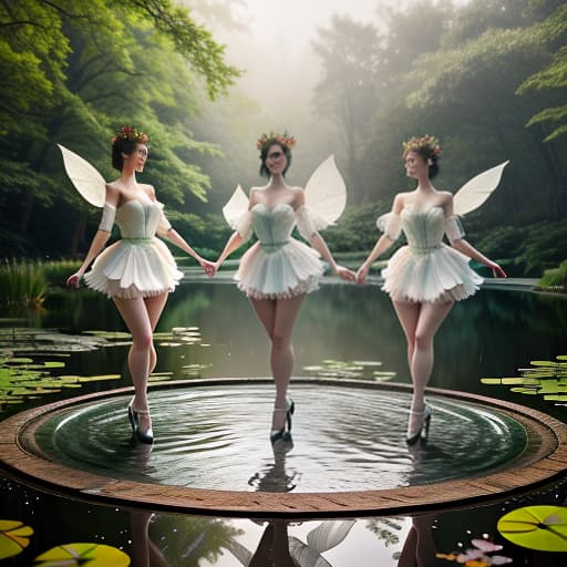  three dancing nymphs with beautiful grace figures at the pond with pitches against the background of the fentesian forest hyperrealistic, full body, detailed clothing, highly detailed, cinematic lighting, stunningly beautiful, intricate, sharp focus, f/1. 8, 85mm, (centered image composition), (professionally color graded), ((bright soft diffused light)), volumetric fog, trending on instagram, trending on tumblr, HDR 4K, 8K