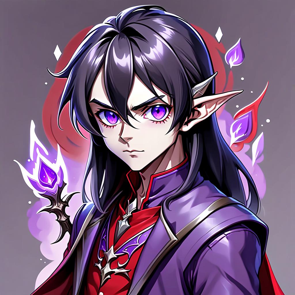  anime artwork dark elf man, young, black hair, straight hair, violet eyes, cold arrogant glance, elven ears, all grey skin, red minimalistic attire of a herbalist magician . anime style, key visual, vibrant, studio anime, highly detailed, sticker