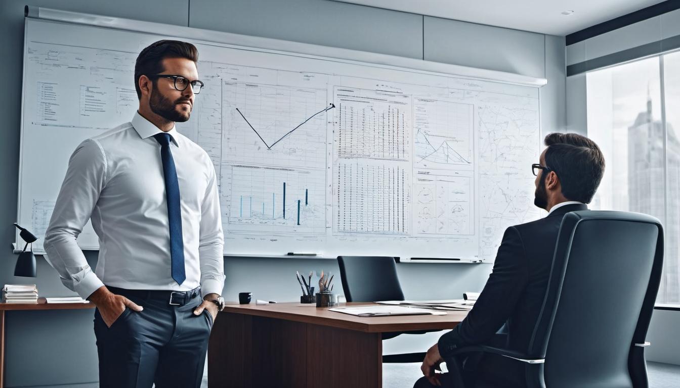  （surrealism)a professional office setting, two colleagues, one slightly behind the other, the leading figure confidently presenting, a whiteboard with complex diagrams in the background, subtle details showing the trailing figure trying to keep up, modern and sleek office design, corporate attire, subtle tension mystic, intricate details, best quality)