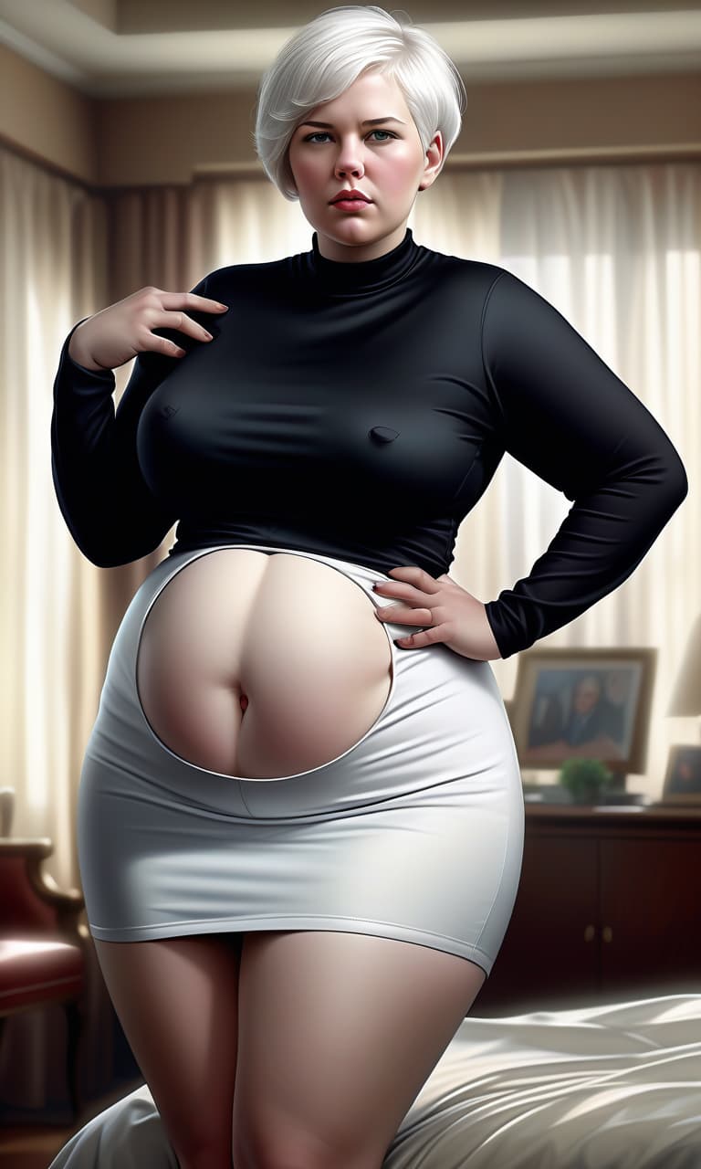  hyperrealistic art in full growth, beautiful , heavy and fat, like a woman, in dress, white short hair, tight fitting clothes on the stomach, concept art, ilrative, in color, digital artwork, highly detailed. . extremely high resolution details, photographic, realism pushed to extreme, fine texture, incredibly lifelike