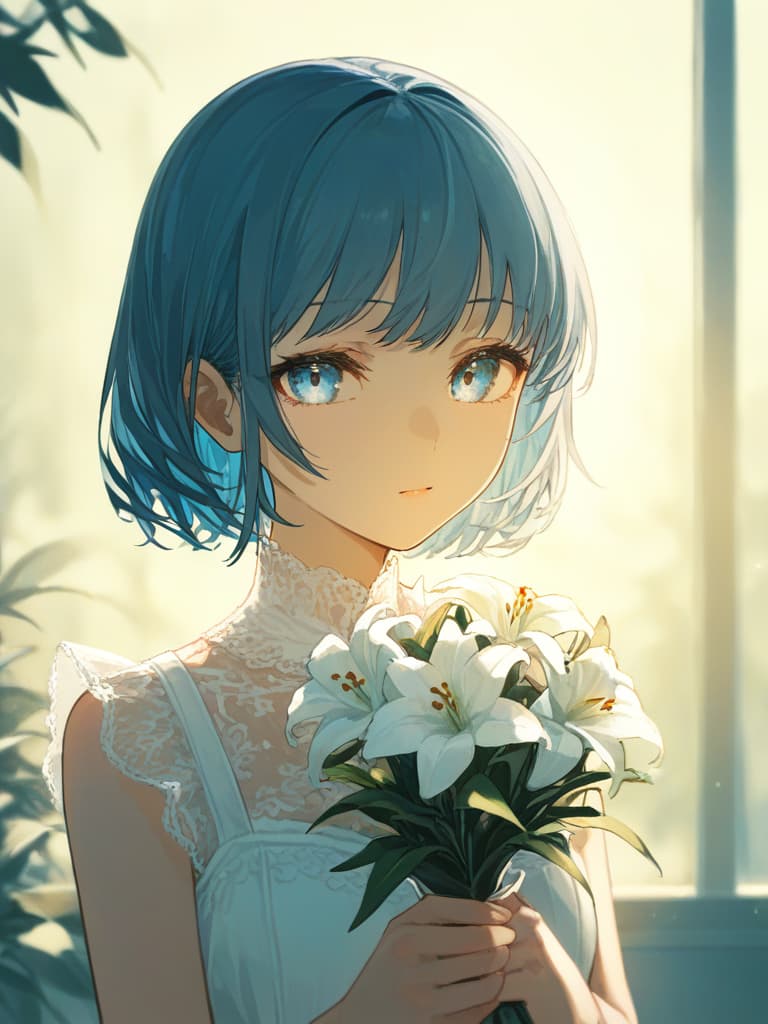  (masterpiece,best quality,detailed,highly detailed,ultra detailed,extremely detailed cg,high resolution,4k,8k,super detailed skin,detailed beautiful eyes,detailed beautiful face,detailed beautiful face and eyes),a serene and delicate anime style ilration featuring a young with long,flowing,pale blue hair. her eyes are a striking,bright blue,exuding a sense of calm and melancholy. she is holding a bouquet of white lilies close to her face,with one lily tucked behind her ear. the ’s attire is a white,lace with subtle ruffles,adding to the ethereal and soft atmosphere. the background is mostly white,with soft light and shadows creating a peaceful and dreamy environment. the overall color palette is light and paste