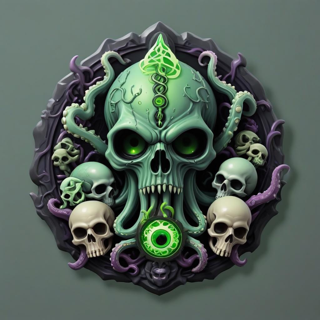  lovecraftian horror warlock, weird staff, cursed rod, green fire, tentacles, skulls, third eye, rpg class minimal badge . eldritch, cosmic horror, unknown, mysterious, surreal, highly detailed, sticker