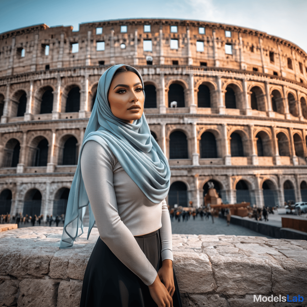  ci sono 2 ragazze : una ragazza italiana con maglia della bandiera italia + una ragazza araba con hijab a roma davanti il colosseo  hyperrealistic, full body, detailed clothing, highly detailed, cinematic lighting, stunningly beautiful, intricate, sharp focus, f/1. 8, 85mm, (centered image composition), (professionally color graded), ((bright soft diffused light)), volumetric fog, trending on instagram, trending on tumblr, HDR 4K, 8K