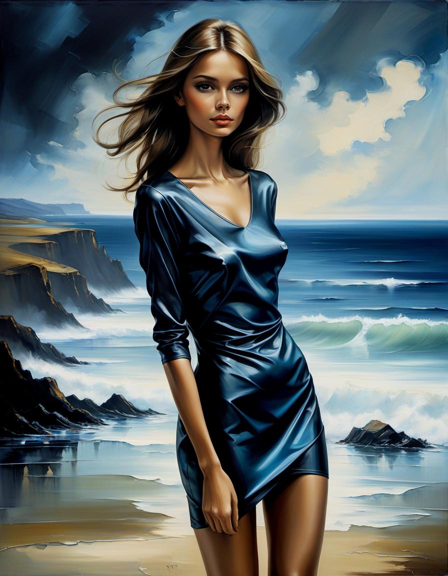  oil painting, oil girl in an oil revealing silk mini dress with a neckline, the background of the sea shore is painted with acrylic, darkening with ink, simple, clean, uncluttered, modern, elegant, t shirt design