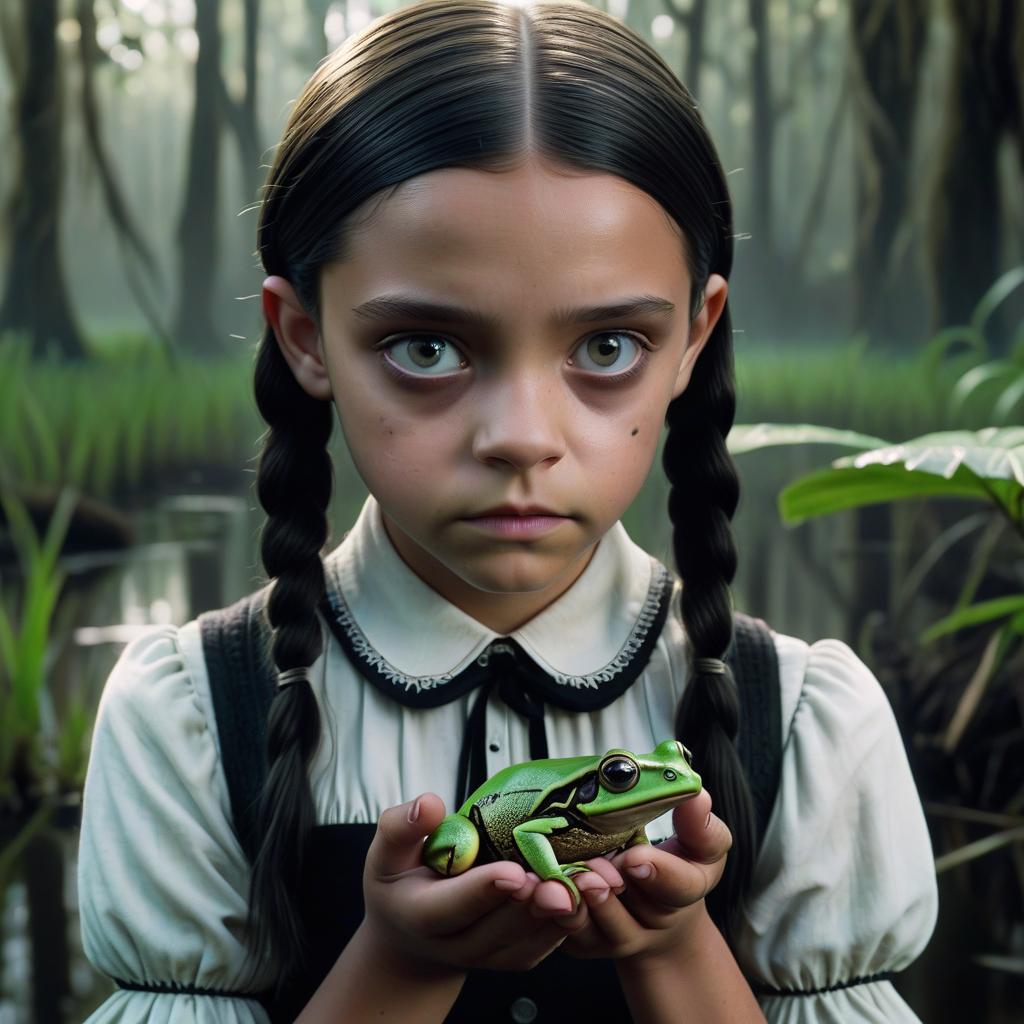  hyperrealistic art against the background of the swamp, jenna ortega in the image of wednesday addams holds a frog in the palm of her hand, staring at it intently. . extremely high resolution details, photographic, realism pushed to extreme, fine texture, incredibly lifelike, glowneon, perfect hands