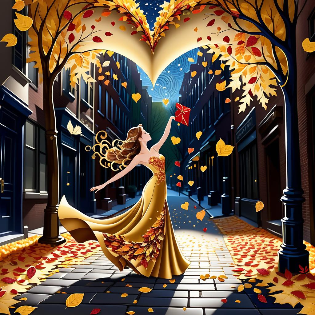  luxury product style on a carpet of yellow leaves in a simple dress of wind given crepe autumn danced a waltz boston in an alleyway. the warm day flew away and the saxophone sang hoarsely. (background of the card): falling autumn leaves, a whirlwind of autumn leaves, wind saxophone, ((a box of chocolates, the inscription "autumn waltz")) , a greeting card. (heart), a beautiful figure made of contours in the shape of a heart. (heart colour): night sky background, stars, gold pattern. (style):fantasy, autumn art, autumn romance. (colours):gold, green gold, navy blue, red, red gold, brown gold, silver, golden blue, bluish blue, dark blue on gold . elegant, sophisticated, high end, luxurious, professional, highly detailed