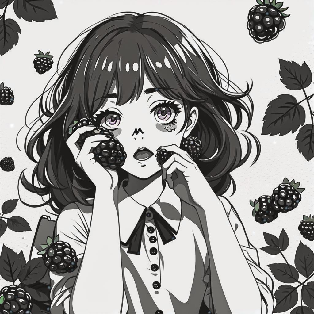  line art drawing girl with blackberryes, same nightmare. anime style . professional, sleek, modern, minimalist, graphic, line art, vector graphics