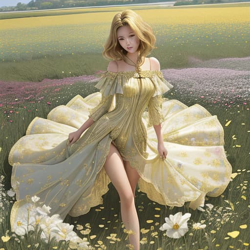  the girl was in the field, surrounded by blooming flowers. she had a good figure and long legs that were showing, and her hair was cut in a golden princess style long haircut.