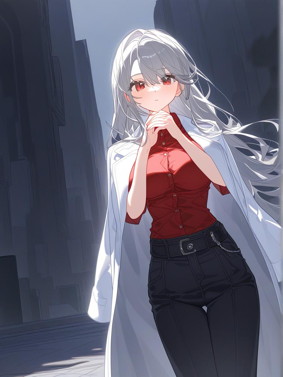  a strong woman, silver long hair, covering her face. she has deep, beautiful red eyes that are very prominent, white eyelashes that are very prominent in the eyes. she wears dark dress pants. a red shirt with buttons on the front seam, two thin belts under the bust. a light gray lab coat on the shoulders. a very strong and slender body, his strong abdomen shows in the red shirt. the background is a futuristic area where people practice combat in the background. she has a cup of coffee in her hands. well highlighted eyes with white eyelashes details, 8k. . best quality, high resolution