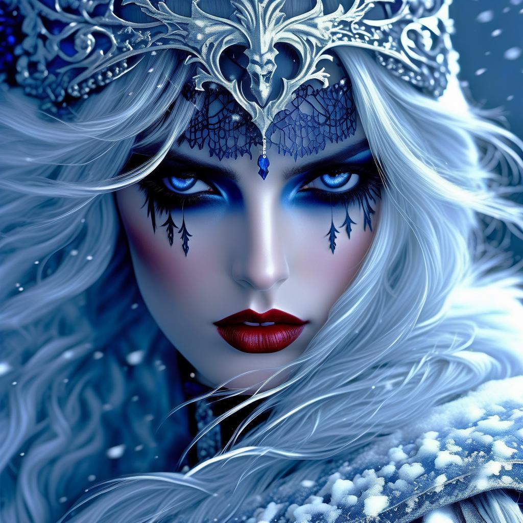  gothic style ((i am the dream of the sword, the parting flame, the food of crows. and you shall dance with me henceforth, the king's youngest son)). (winter sun). incredibly beautiful, ((blue white, as if moulded from snow)) . (her scarlet lips quivered, her coal lashes fluttered) , her fingers reached for (a string of pearl beads) . (style):fantasy, fairy tale, scottish legends, high quality, close up, (icy, wind, blizzard) . dark, mysterious, haunting, dramatic, ornate, detailed