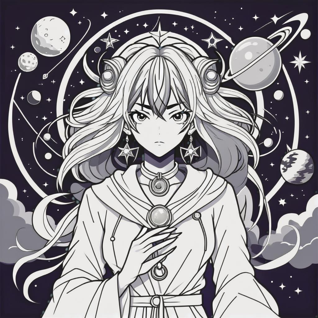  line art drawing astrologist, same nightmare. anime style . professional, sleek, modern, minimalist, graphic, line art, vector graphics