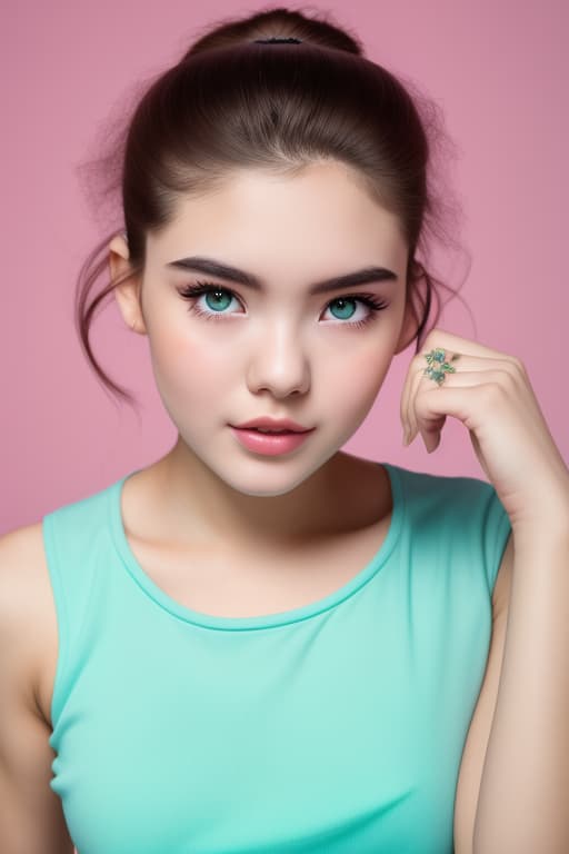  advertising photo 1girl,18yo,solo,detailed face,realistic eyes,realistic skin, quiff,advertising pose beautiful hand, sporty dress, cute look on her face,head and shoulders portrait, rococo style green turquoise gradient background high quality,masterpiece,extremely, detailed,high res,4k,detailed shadow,ultra realistic,realistic,dramatic lighting , advertising photo,high quality, good proportion, masterpiece , the image is captured with an 8k camera