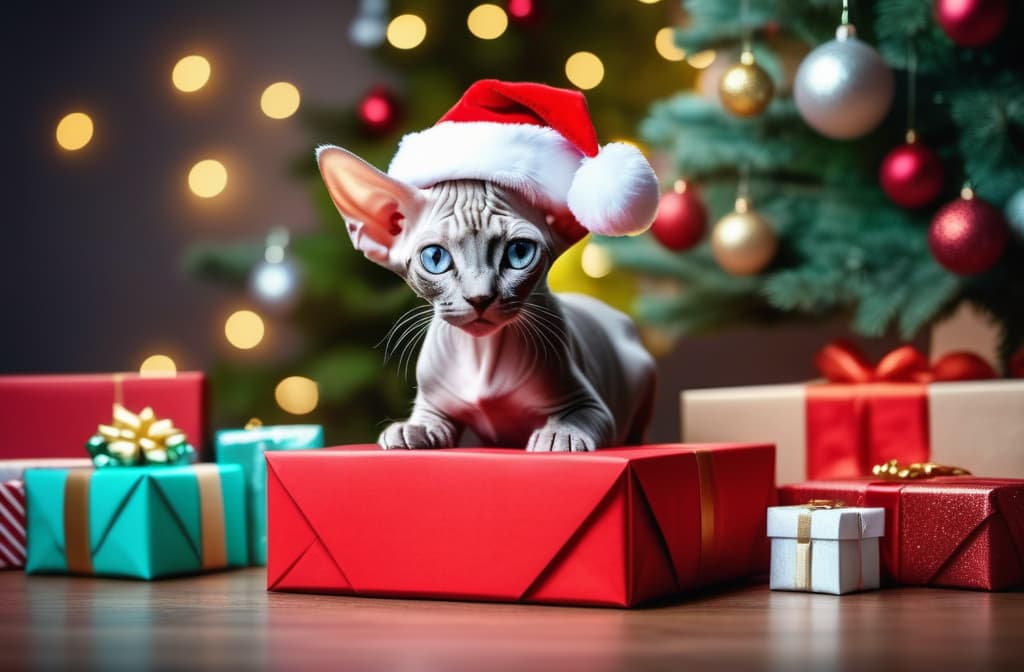  A Sphynx kitten in a Santa Claus hat picks out a box of a beautifully packaged gift against the background of a New Year tree and colorful gifts. ar 3:2 high quality, detailed intricate insanely detailed, flattering light, RAW photo, photography, photorealistic, ultra detailed, depth of field, 8k resolution , detailed background, f1.4, sharpened focus